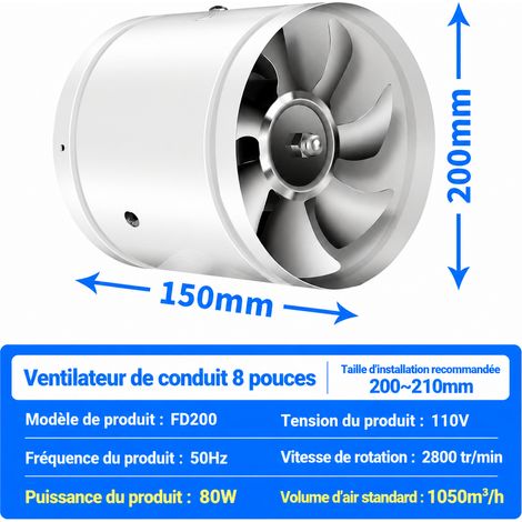 Extracteur d'air de conduit 8 pouces 200mm 110V blanc avec support silencieux 8-inch white 200mm 29 × 29 × 19 cm 1,9 kg – Livraison gratuite