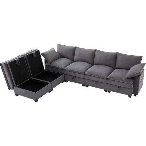 Canapé d'angle modulable 6 places en velours côtelé gris avec poufs amovibles, ports USB, rangements et porte-gobelets (1/5)