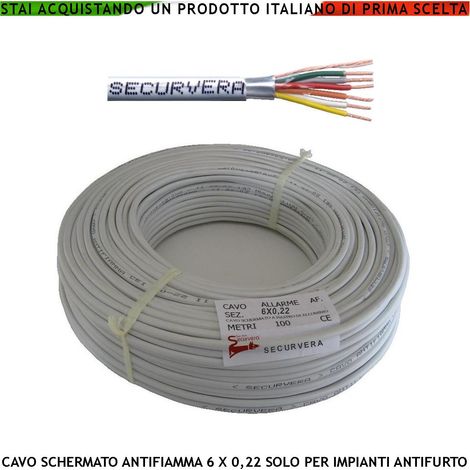Cavo Flessibile Antifurto Schermato Antifiamma 6x0,22 mm² Guaina PVC Bianco Prot. Alluminio/Poliest Drenaggio 6 Condut. Polariz. Fili 7 Ø 0,19 mm Twistato Per Impianti di Allarme Norma CEI 20/22-III (1/2)