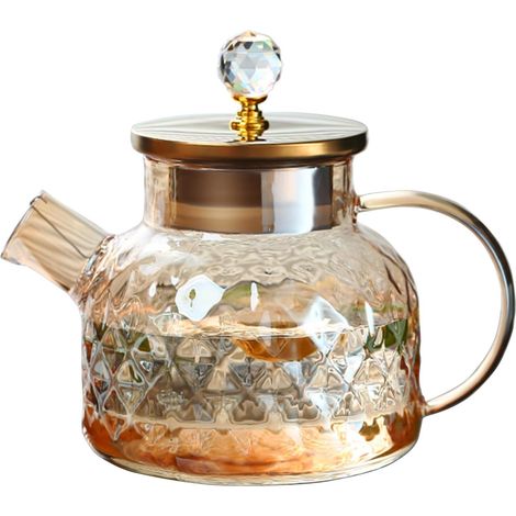 Théière en Verre, 1L, avec Filtre Inox Verre Borosilicaté sans BPA, Résiste de -20 à 130°C, Anneau Silicone Anti-fuite, pour Tisane et Café (1/5)