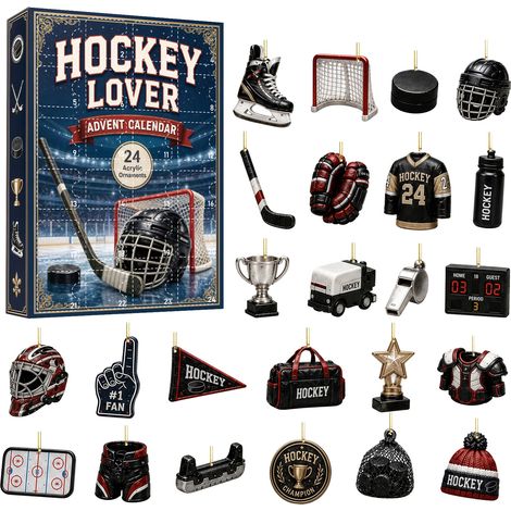 Hockey-Adventskalender – 24 flache 2D-Acryl-Anhänger mit Hockey-Motiven – Weihnachtskalender in Überraschungsbox – Weihnachtsbaumschmuck und Geschenk für Hockeyfans (1/5)