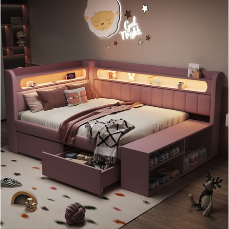 Lit banquette rembourré en MDF et contreplaqué rose 90x200 cm avec USB, LED, meuble à chaussures et 2 tiroirs (1/5)