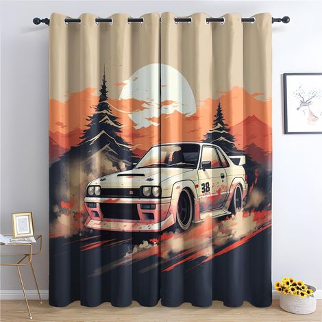 Rideau Japonaise JDM - Rideau Occultant Thermiques Voiture de Sport Coucher du Soleil, Lot de 2 Rideaux à Oeillets pour Decoration Chambre Salon, Draperies Intérieurs Fenetre, 140x160 cm (LxH) - 2x L (1/5)