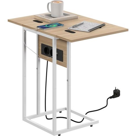 Table C blanche et naturelle avec plateau rabattable et recharge pour canapé, design pratique gain de place salon