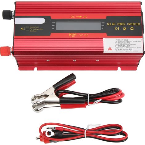 Convertisseur de puissance rouge 12V/24V vers 220V pour voiture, onde sinusoïdale modifiée, avec prise universelle, port USB et écran LCD (1/5)