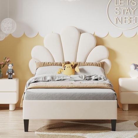 Kinderbett 90x200 cm, mit blumenförmigem Kopfteil, Lattenrost aus Holz, Metallrahme, skandinavischen, GepolstertesBett aus Samt - Beige