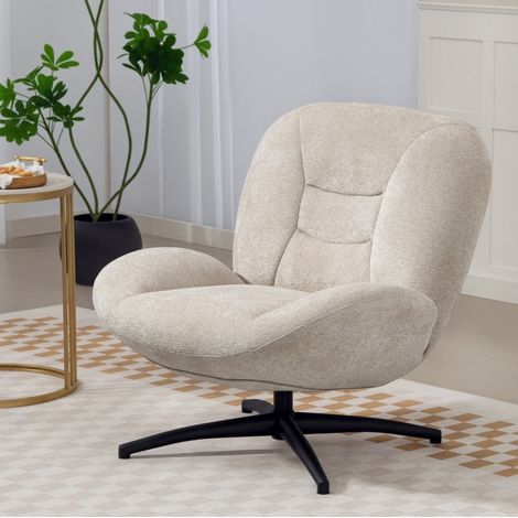 Fauteuil pivotant tapissé en chenille blanc crème avec base en acier et rembourrage PP (1/5)