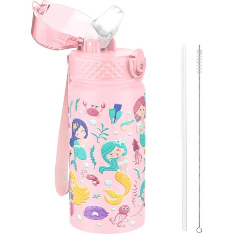 Gourde enfant 420ml inox avec paille et couvercle étanche, motif sirène rose (1/5)