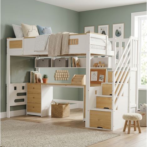 Letto a soppalco 90x200 cm bianco/naturale con scrivania, cassetti, mensola sospesa e scala contenitore (1/5)
