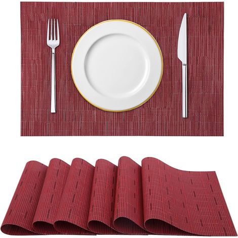 Set mit 6 umweltfreundlichen roten Platzsets, rutschfest und abwaschbar, hitze- und fleckenbeständig, 45 x 30 cm, für Restaurant, Küche und Esszimmer. (1/5)