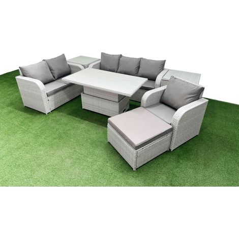 Fimous Patio PE Wicker 7 Seater Outdoor Rattan Furniture Sofa Sets with Adjustable Lifting Dining or Coffee Table Reclining Chair Loveseat Sofa 3 Seater Sofa Big Footstool 2 Side Table Light Grey (1/5)
