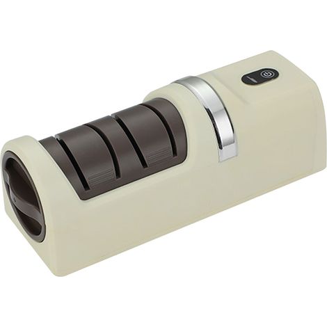 Affûteur de couteaux électrique portable rechargeable par USB avec base antidérapante, meule d'affûtage fine et grossière pour chef, usage domestique, camping en plein air, couleur beige. (1/5)
