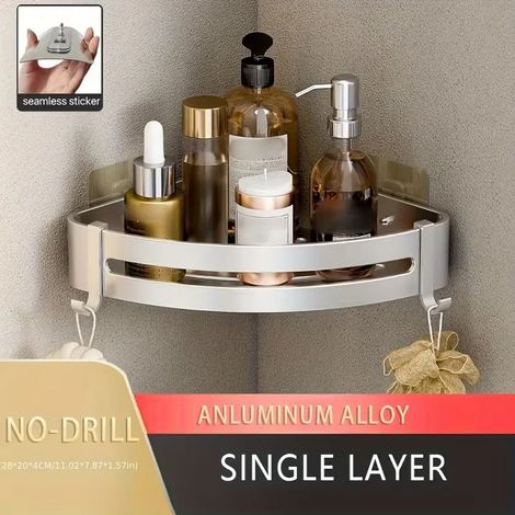 (1 Triangle argenté) 1 étagère de rangement murale d'angle en aluminium sans perçage pour salle de bain - Idéale pour ranger shampoing, gel douche et autres produits cosmétiques. (1/5)