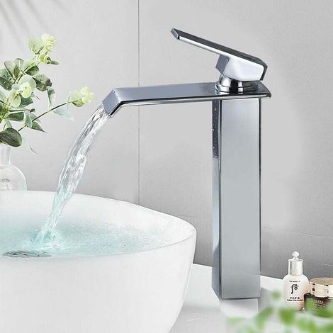 Robinets de salle de bain, robinets cascade, robinets de lavabo hauts, robinets de lavabo en laiton, mitigeurs de salle de bain à poignée unique, chromés (1/4)