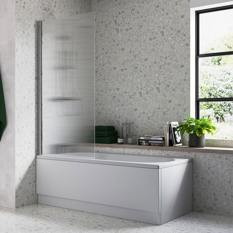 Signature Fluted Single Chrome Square Hinged Bath Screen 1500mm High x 800mm Wide - 5mm Glass