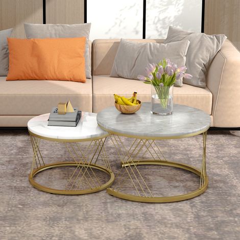 Lot de 2 Tables gigognes moderne - placage à motif de marbre - Gris
