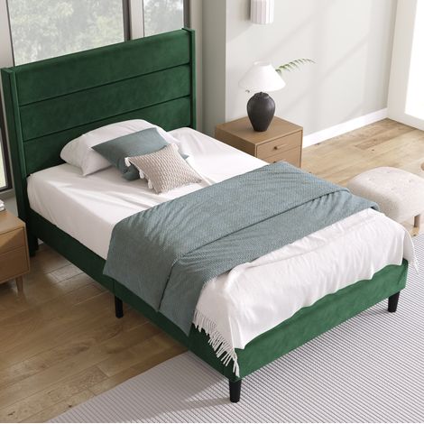 Letto imbottito 90x200 cm in velluto verde scuro con testiera, rete a doghe e materasso 7 zone H3 (1/5)