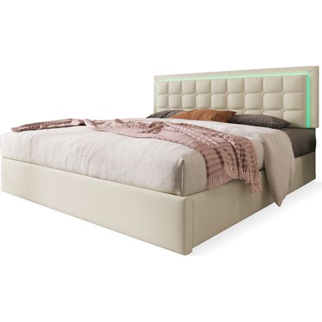 Lit rembourré avec sommier à lattes et espace de rangement, lit double avec barre lumineuse LED intégrée, cadre de lit 180x200cm, lit de rangement multifonction, revêtement en similicuir blanc (1/5)