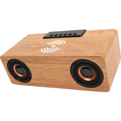 Réveil en bois avec haut-parleur Bluetooth, radio FM et chargeur de téléphone sans fil, idéal pour la chambre ou la table de chevet. (1/5)