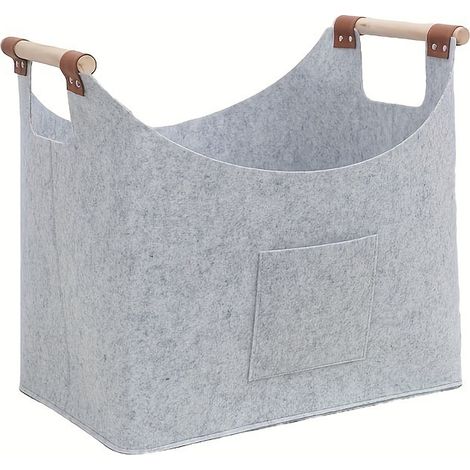 50 x 32 x 40 cm großer Brennholzkorb, mit Filz ausgekleideter Holzkorb, Aufbewahrungskorb mit Holzgriff, faltbarer Filzkorb, für Holz, Zeitungen, Hellgrau