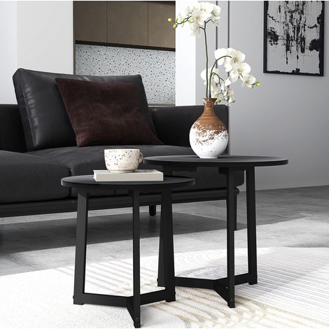 MEUBLIV Lote de 2 mesas de centro redondas negras 48/40 cm – estructura de acero y MDF (1/5)