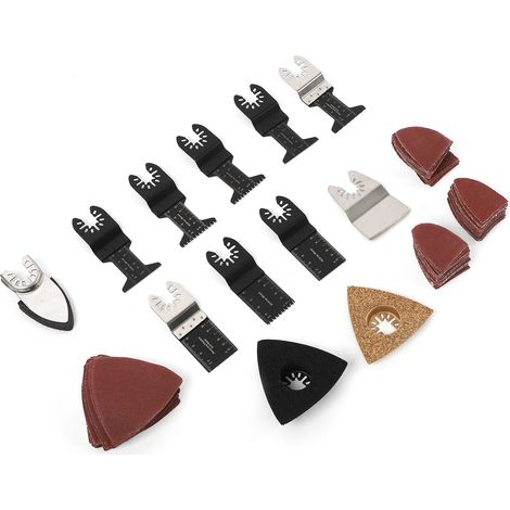 Kit de 102 lames pour outil multifonction : lame triangulaire, papier de verre pour les doigts, scie oscillante et accessoires. (1/5)