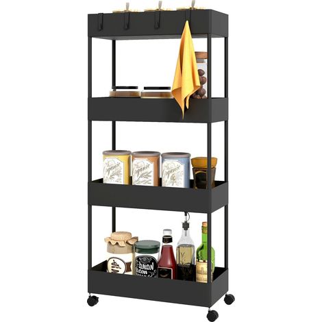 Carro con Ruedas, Estante de Cocina de 4 Niveles, Estante de Almacenamiento con Ruedas, Carro de Cocina con Frenos, Carro de Servicio para Cocina, Dormitorio, Sala de Estar, Plástico, Negro, 40 x 19 x (1/5)