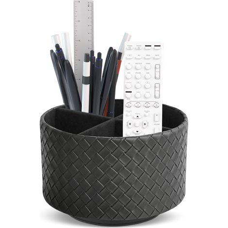 Porte-stylo rond en cuir, rotatif à 360°, support de télécommande, table de chevet, télécommande TV, organisateur de bureau pour stylos, fournitures de bureau, boîte de rangement (tissage 1 noir (1/5)