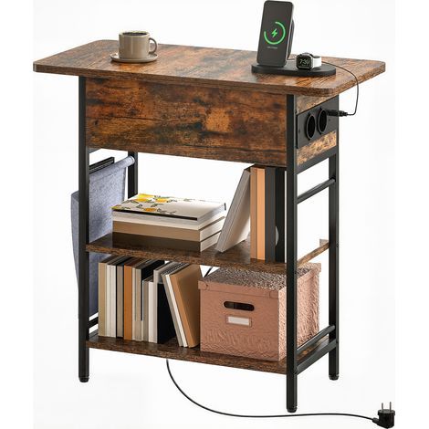 Table d'appoint/de chevet avec multiprise, 2 étagères, ports USB, espace de rangement, 60 x 29,8 x 58,5 cm, marron rustique (1/5)