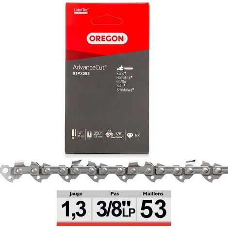 Oregon – Chaîne de tronçonneuse 91PX053E – Pas 3/8'LP – Jauge 1.3mm – 53 maillons – Pour bois dur et teck – AdvanceCut™