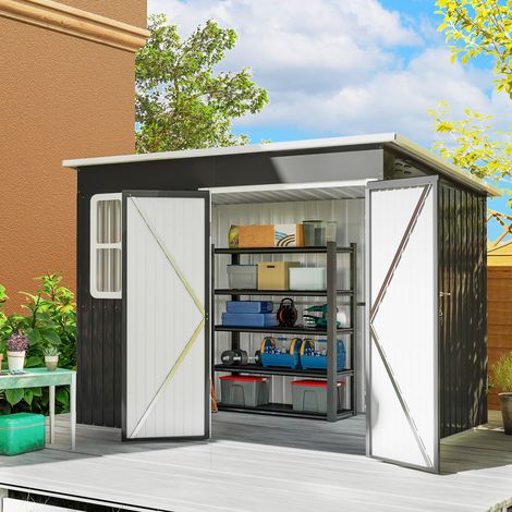 Abri métallique pour ranger des outils de jardin - large porte - 260 x 177 x 190 cm - avec fenêtre - gris foncé - Moderne
