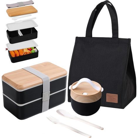 Bento Lunch Box, 1400ml Hermétique Boite Repas avec Sac Isotherme et Mug Soupe et Couverts, Lunchbox Micro Ondable, Étanche Bento Adulte Enfant Travail École Bureau Pique Nique (Noir) (1/5)
