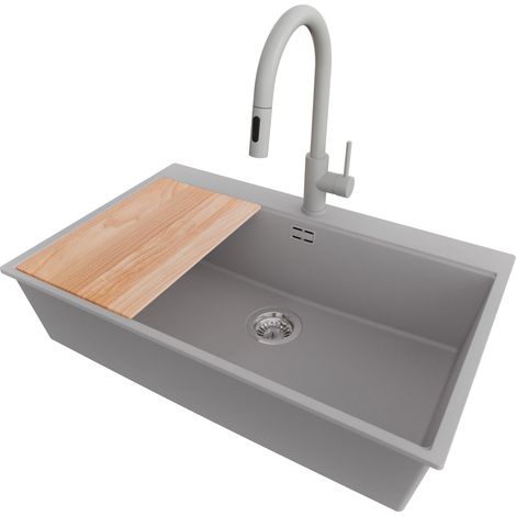 PRIMAGRAN Evier Cuisine en Granit 78x50cm,Lavabo 1 bac + Robinet 40x20cm + Kit de Vidage + Planche à Découper, Évier à Encastrer au meuble 80cm - Oslo, Gris (1/5)