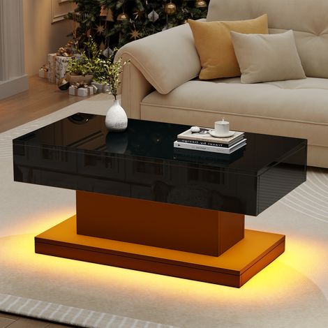 Moderner Couchtisch 100x50x45 cm LED 2 Schubladen Luxus Stil Wohnzimmermöbel Esstisch Wohnzimmer Sofatisch Schwarz