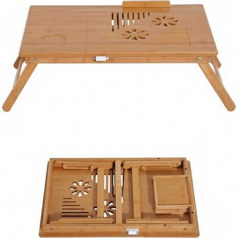 CHICFURN Table de lit réglable, pliante et inclinable en bambou naturel, avec tiroir et plateau ventilé pour petit-déjeuner, lecture et travail au lit ou canapé (1/5)