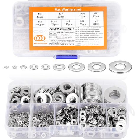 800 PcsRondelles Inox, Rondelles Metal, Rondelle Plate, Assortiment Kit de Rondelles Plates Acier Inoxydable, Rondelle pour Gond de Porte Vis et écrous, M2, M2.5, M3, M4, M5, M6, M8, M10, M12 (1/5)