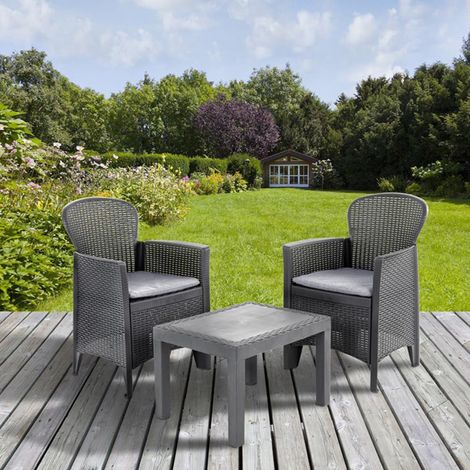 Dmora Salón de Jardín Foggia, Conjunto de jardín con 2 sillones y 1 mesa de centro, Zona de estar efecto ratán con cojines, 100% Made in Italy, Antracita, con embalaje reforzado (1/5)