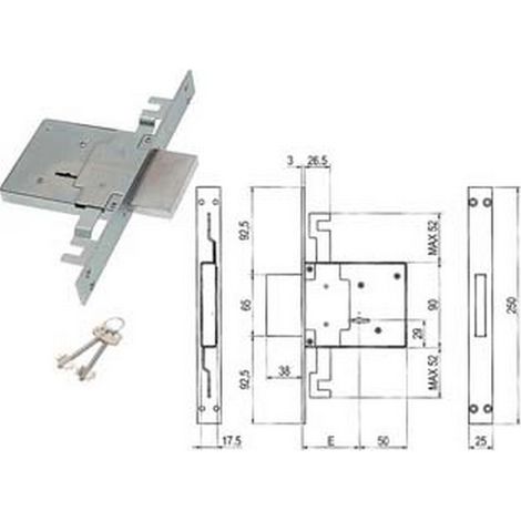 1PZ SERRATURA TRIPLICE DA INFILARE DOPPIA MAPPA 450/3S - mm.70 (00450 3S 70 2C CI)