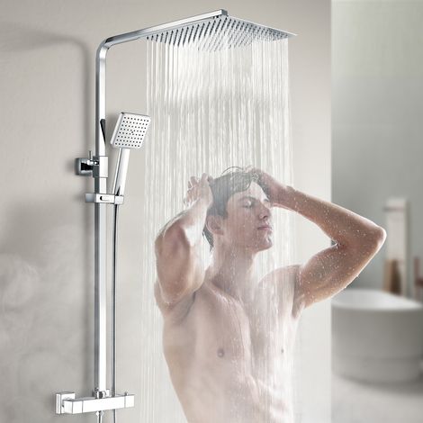 Heilmetz Duschsäulen mit Thermostat Duschsystem Edelstahl Quadratisch 30x30cm Extra Große Regendusche mit Handbrause Duschset Chrom