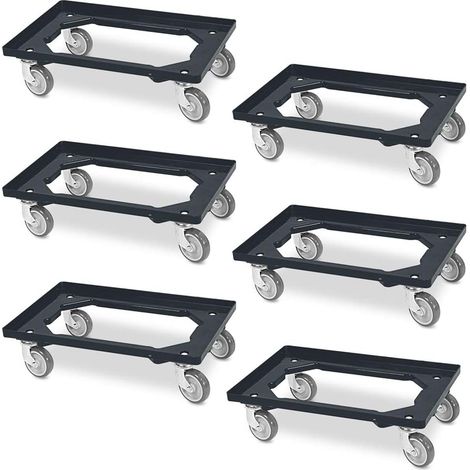 BRB Lot de 6 roulettes de logistique en plastique ABS noir avec plateau ouvert, capacité de charge 300 kg