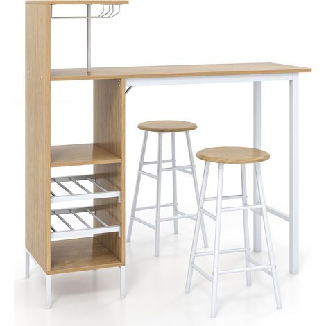 COSTWAY Juego de 3 Piezas Mesa y Sillas de Bar, Mesa y Taburetes Industriales con Soportes para Copas de Vino y Estantes para 6 Botellas de Vino, Juego de Mesa para Comedor Cocina (Natural) (1/5)