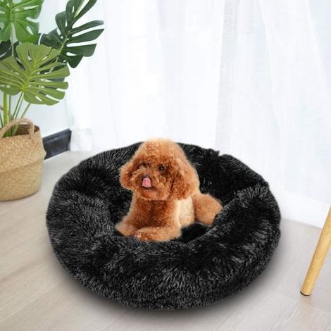 1 Panier Rond pour Chien et Chat, Peluche Douce, Coton PP, Antidérapant, Lavable, Noir 50CM