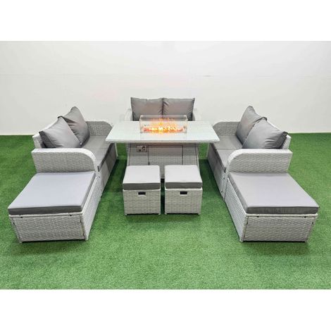 Fimous PE Rattan Lounge Sofa Set 10 Seater Outdoor Garden Furniture Set with Gas Firepit Table Love Sofa 2 Big Footstools Light Grey (1/4)