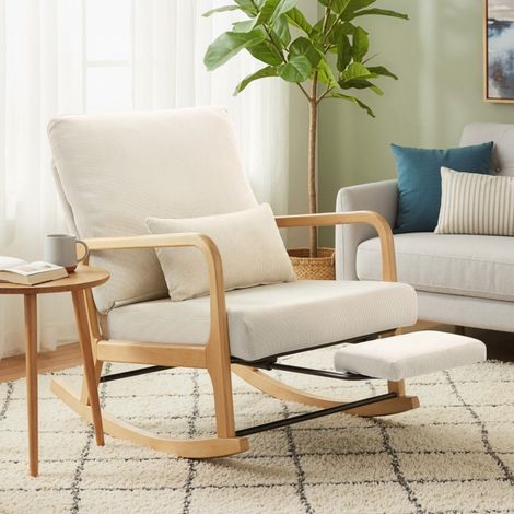 Fauteuil à bascule beige avec repose-pieds, dossier inclinable réglable, coussin lombaire, fauteuil de relaxation pour salon et chambre (1/5)