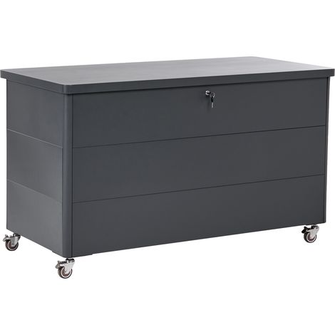 Arcón de almacenaje para jardín de acero con tapa cerradura y ruedas 670 L gris oscuro Kymi (1/5)