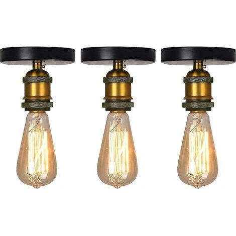3x Plafonnier industriel avec douilles métalliques E27, style Edison, laiton antique (1/5)