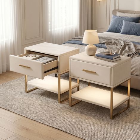 Lot de 2 Tables de chevet, 40x31x50cm, avec tiroir et LED, en velours et métal, style moderne, Beige (1/5)