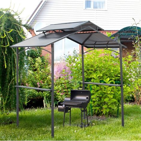Pérgola para barbacoa 2,4 x 1,5 x 2,5 m con techo ignífugo y 2 estantes DESVIAE (1/5)