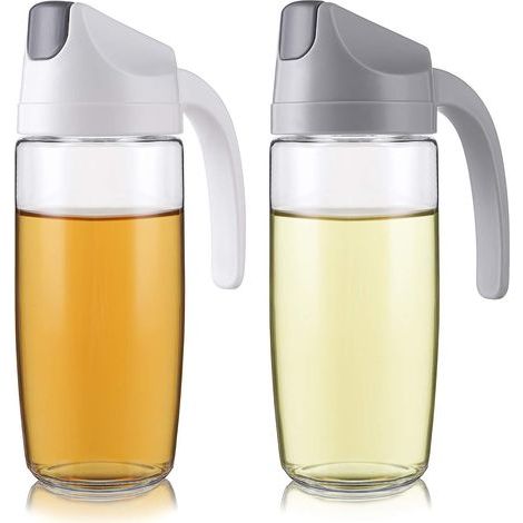 Juego de 2 botellas dispensadoras automáticas de aceite de oliva con sistema basculante, 600 ml, recipiente de vidrio a prueba de fugas con asa antideslizante y antigoteo. (1/5)