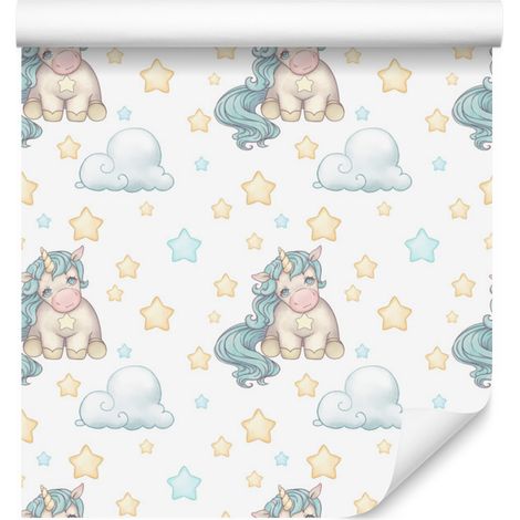 Papel pintado de unicornios, nubes y estrellas para salón y dormitorio, 50x1000 cm. (1/5)